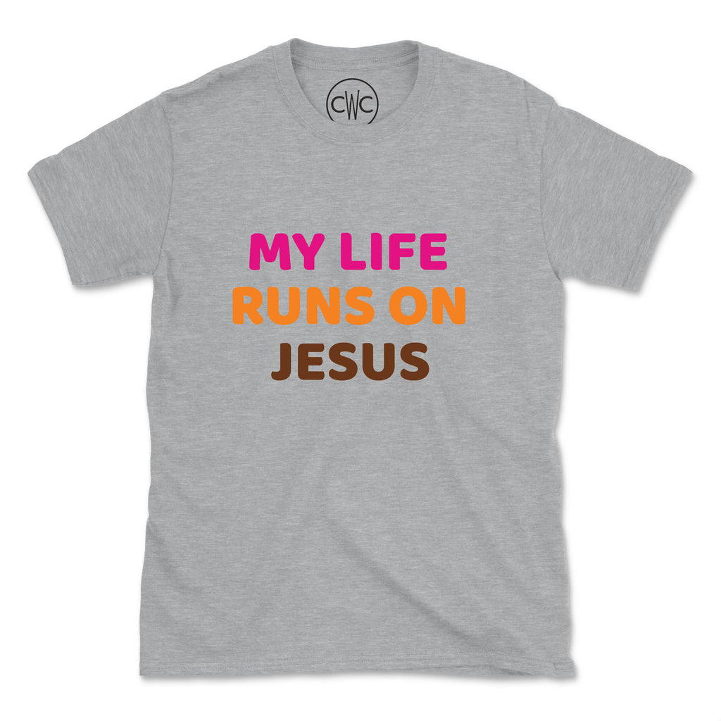 MY LIFE RUNS ON JESUS (UNISEX FIT) TEE. 30% OFF FOR A LIMITED TIME
