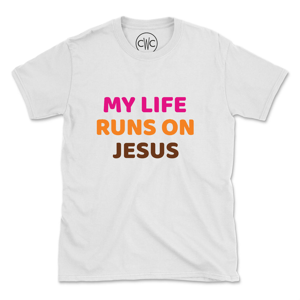 MY LIFE RUNS ON JESUS (UNISEX FIT) TEE. 30% OFF FOR A LIMITED TIME